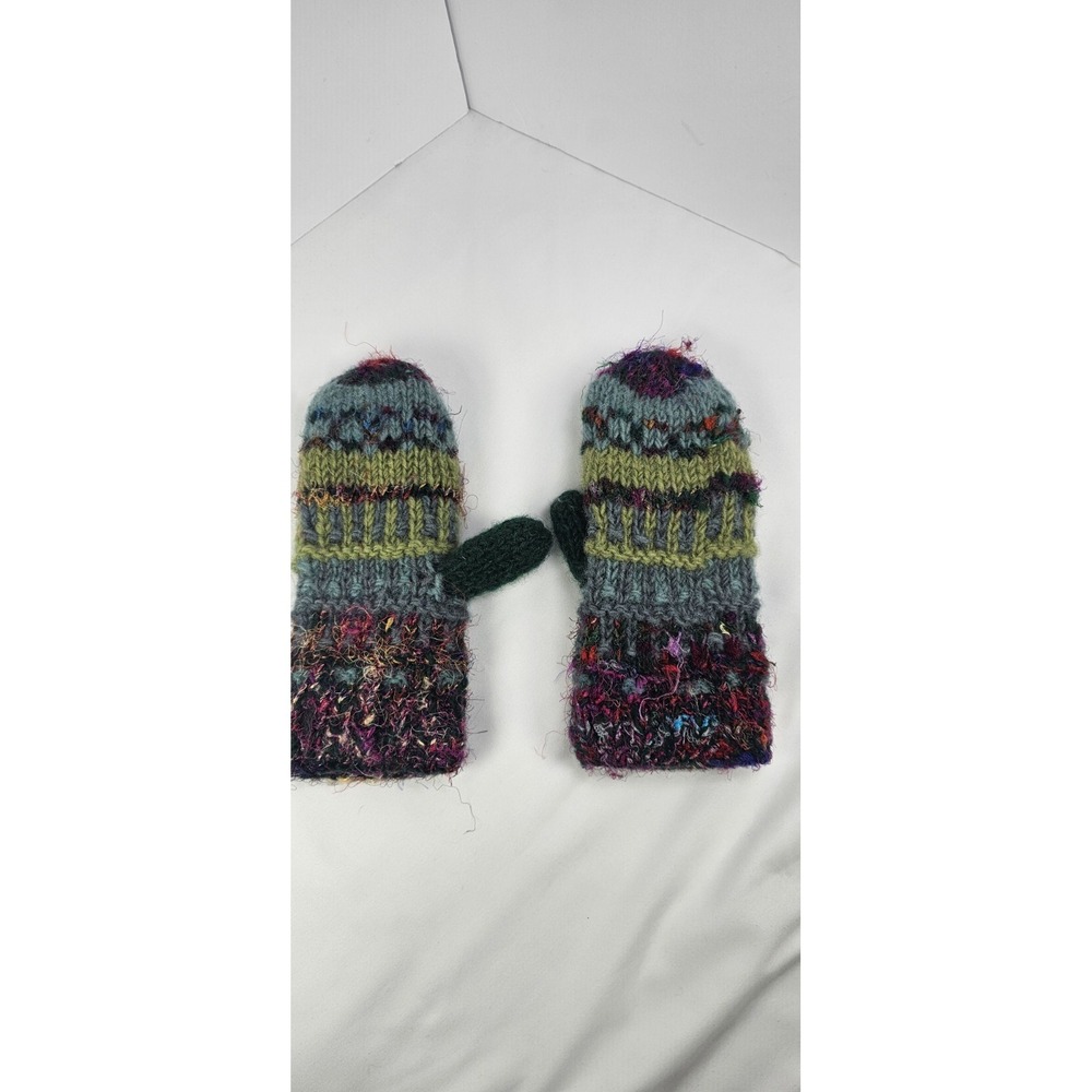 Rising‎ Tide Wool Knit Mittens Medium Fleece Lined Nepal Boho Winter Gloves